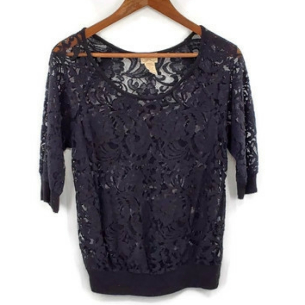 Womens Black Floral Lace Top Blouse Size M 3/4 Sleeve Sheer Scoop Neck Career